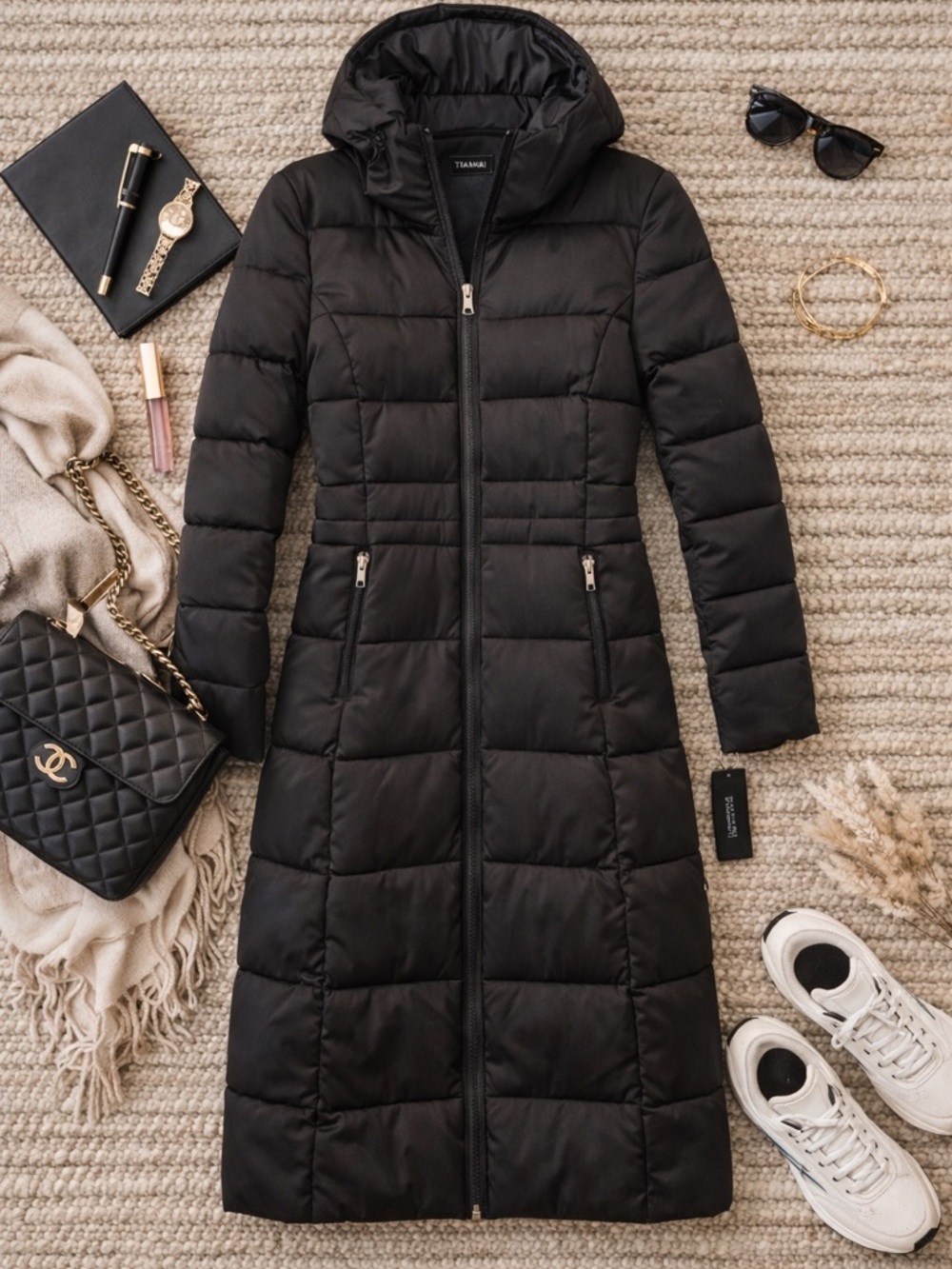 Tahari Black Long Puffer Coat Size Small NWT Hooded Zip Snap